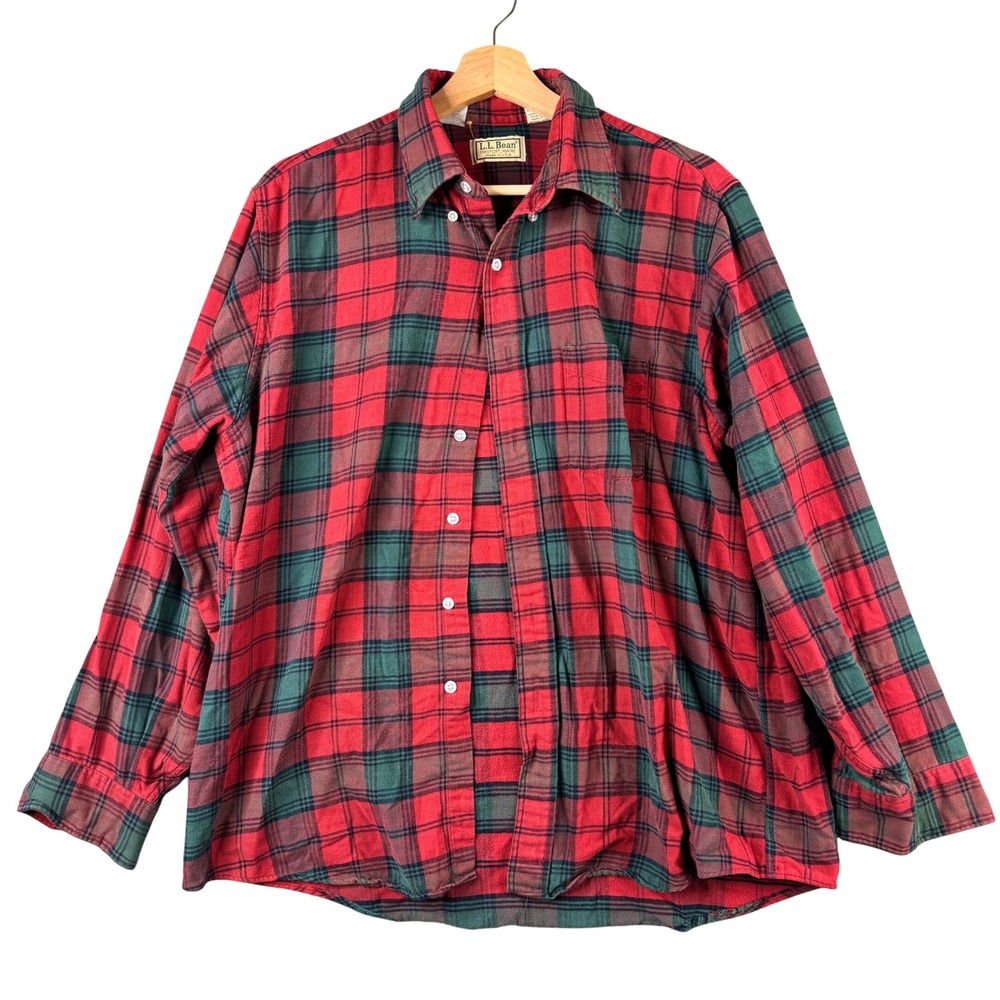 Vintage LL Bean Flannel Shirt Mens Large Red Green Plaid 100% Cotton Long Sleeve